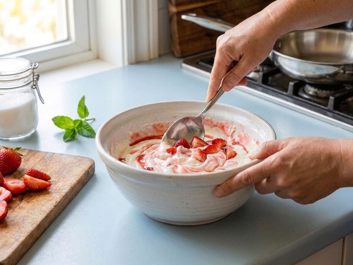 A spoon folding sliced strawberries into a creamy mixture in a mixing bowl, with streaks of pink forming