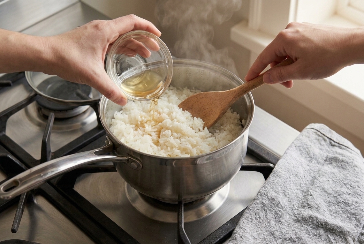 A spoon folding vinegar seasoning into fluffy rice in a saucepan on a kitchen counter
