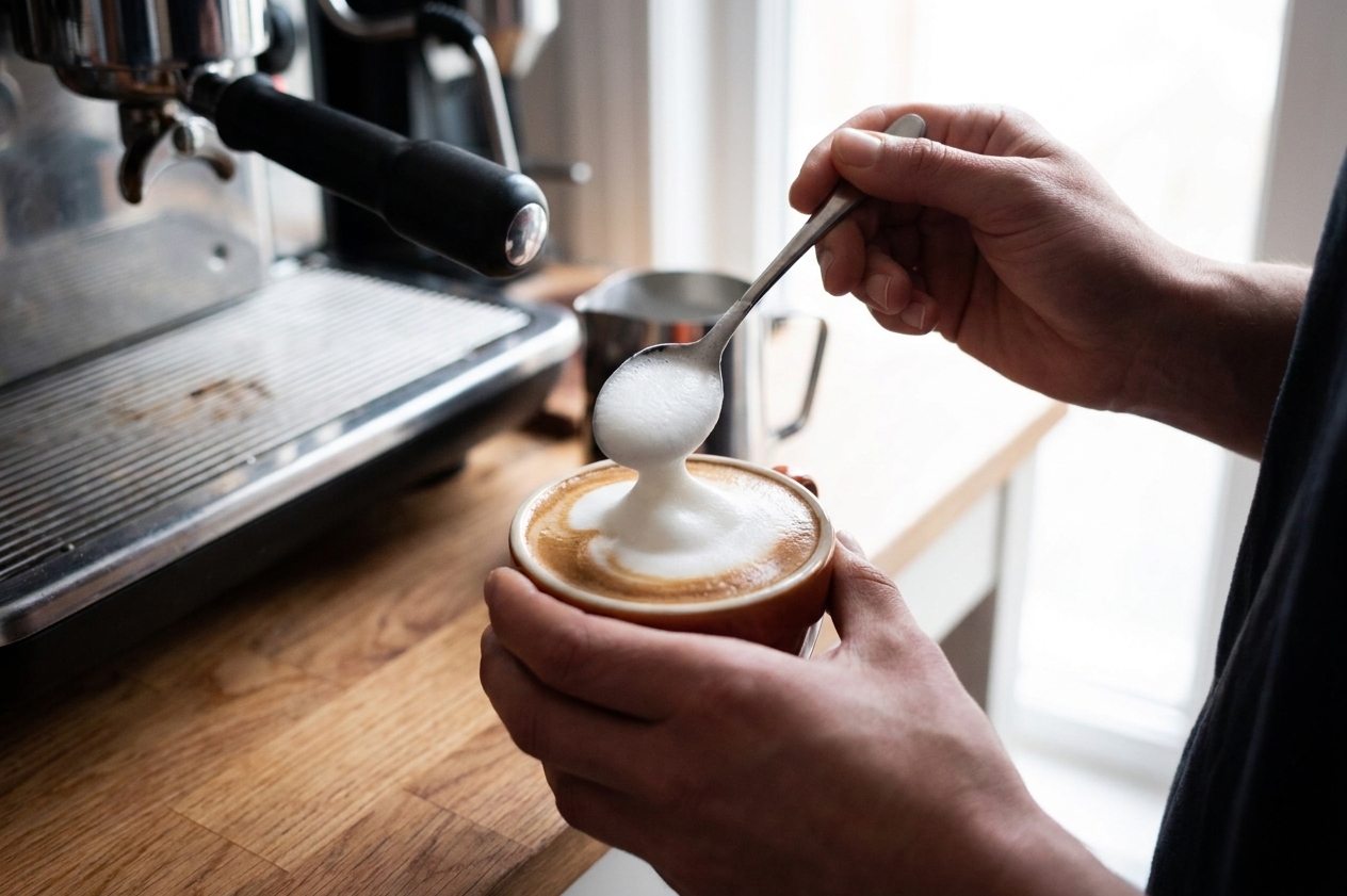 A spoon gently placing thick milk foam on top of a cappuccino in a small cup, on a kitchen counter