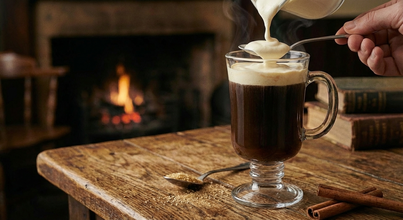 A spoon held over a glass mug as lightly whipped cream is poured to float on top of Irish coffee