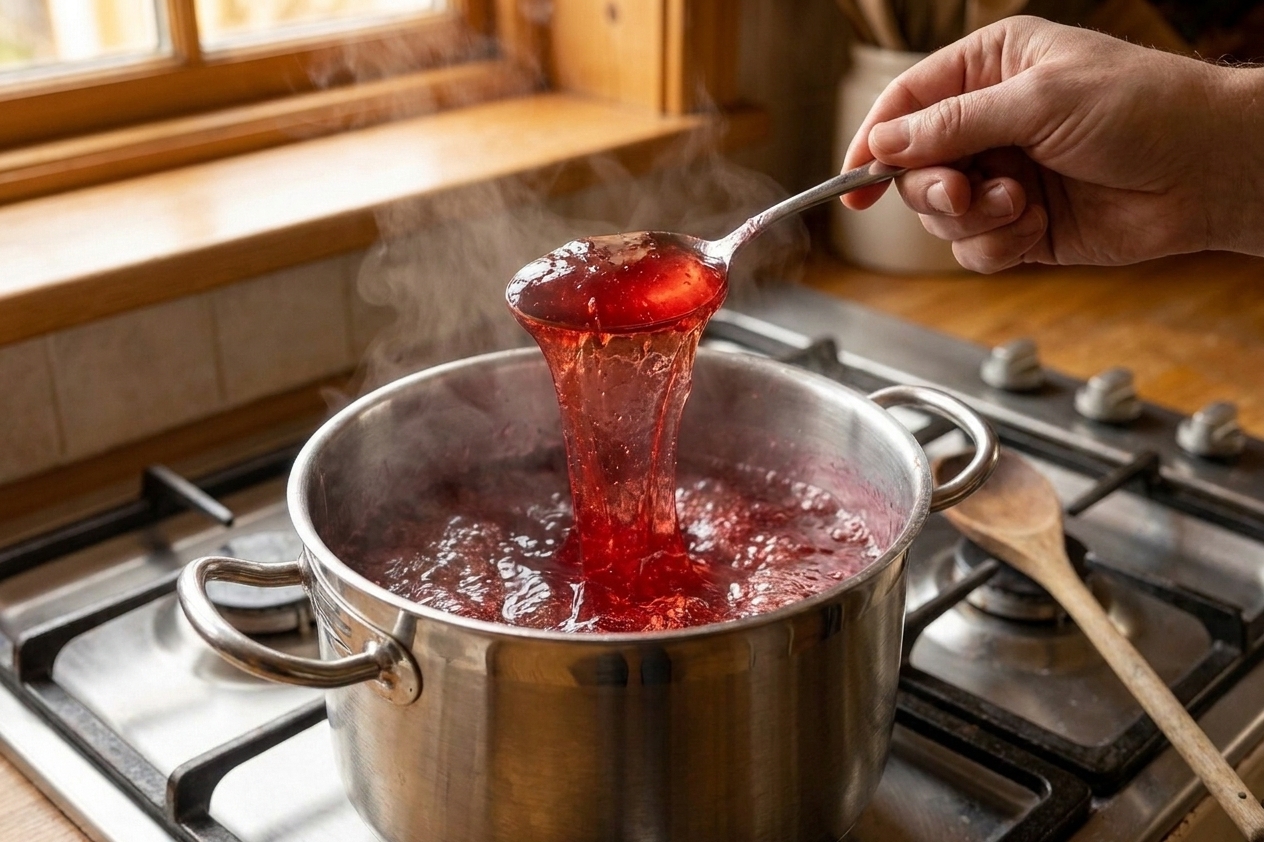 A spoon held over a pot of boiling jelly with the jelly falling in a thick sheet back into the pot, steam rising in a home kitchen