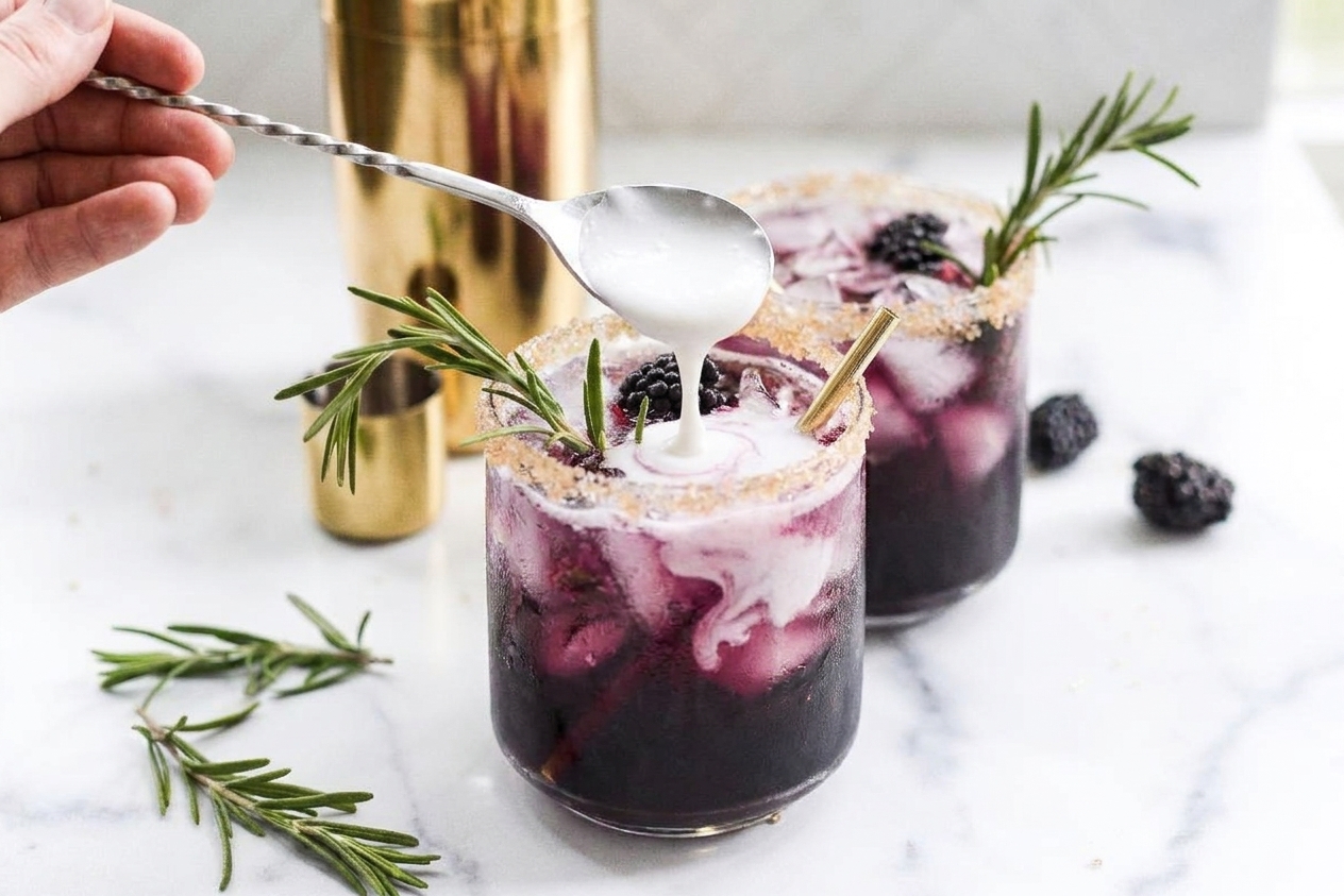 A spoon held over a purple mocktail as coconut cream is poured gently to create a pale swirl pattern on the surface