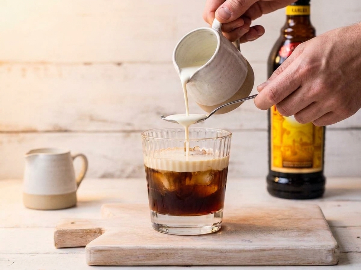A spoon held over a rocks glass as cream is poured gently to create a pale layer on top of a dark coffee liqueur cocktail