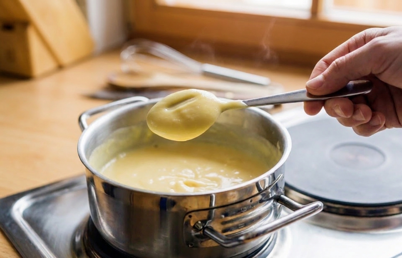 A spoon held over a saucepan showing pale custard sauce coating the back of the spoon in a thick, glossy layer