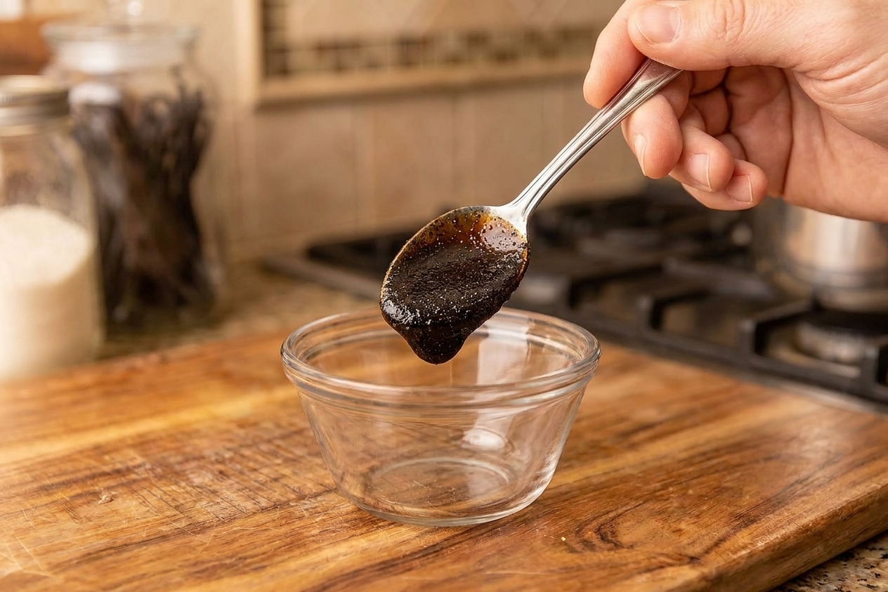 A spoon holding glossy vanilla bean paste with visible specks over a small bowl on a kitchen counter