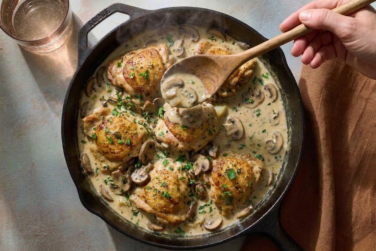 A spoon ladling creamy mushroom sauce over chicken thighs in a skillet with chopped parsley on top