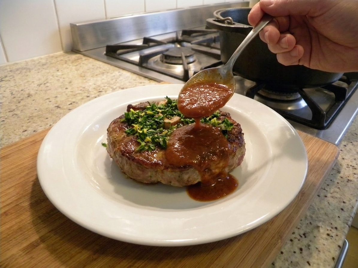 A spoon ladling rich tomato-wine sauce over a plated veal shank with gremolata on top