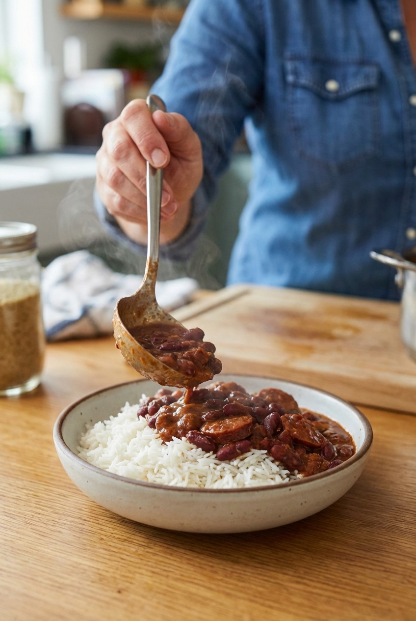 A spoon ladling thick, creamy spiced beans over a bowl of fluffy rice