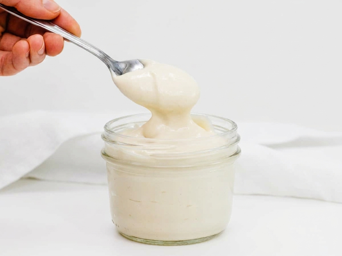 A spoon lifted from a jar showing thick vegan mayonnaise with smooth, glossy peaks