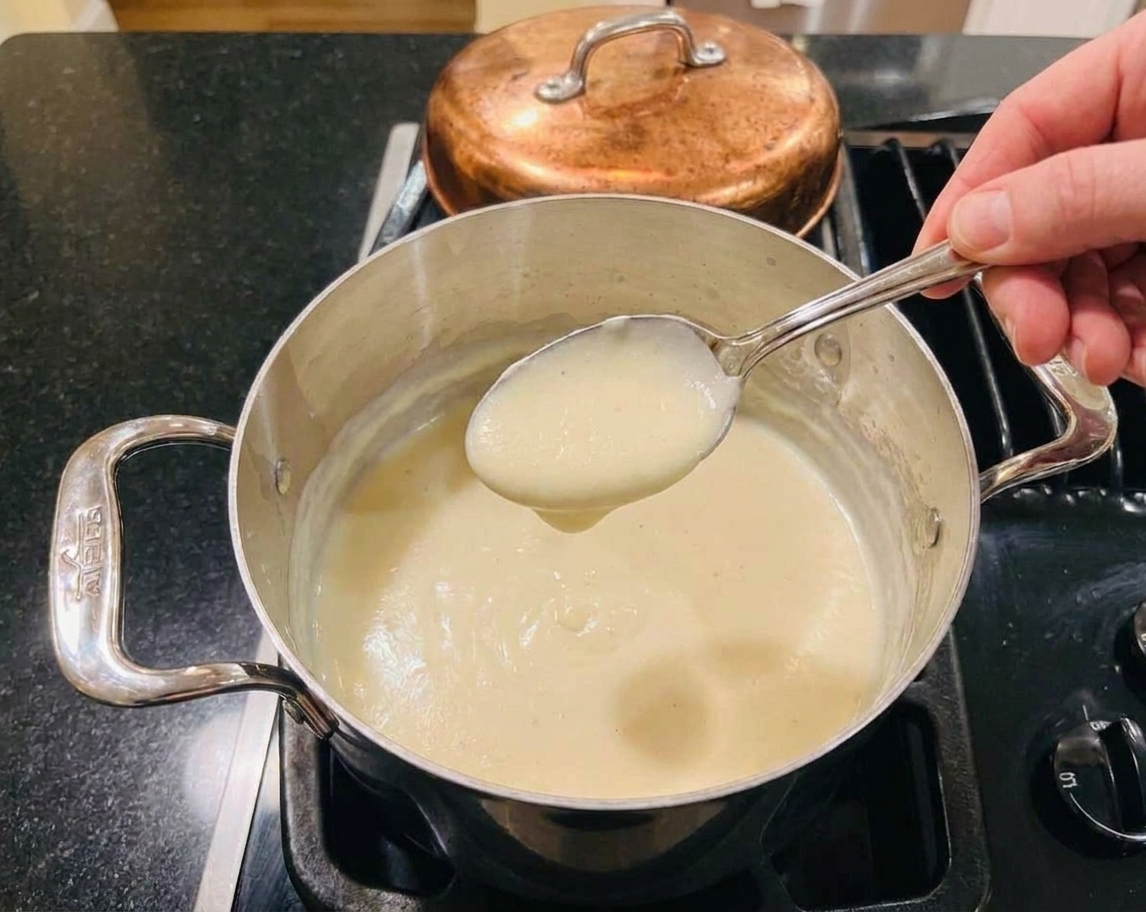 A spoon lifted from a saucepan showing Mornay sauce thickly coating the back of the spoon