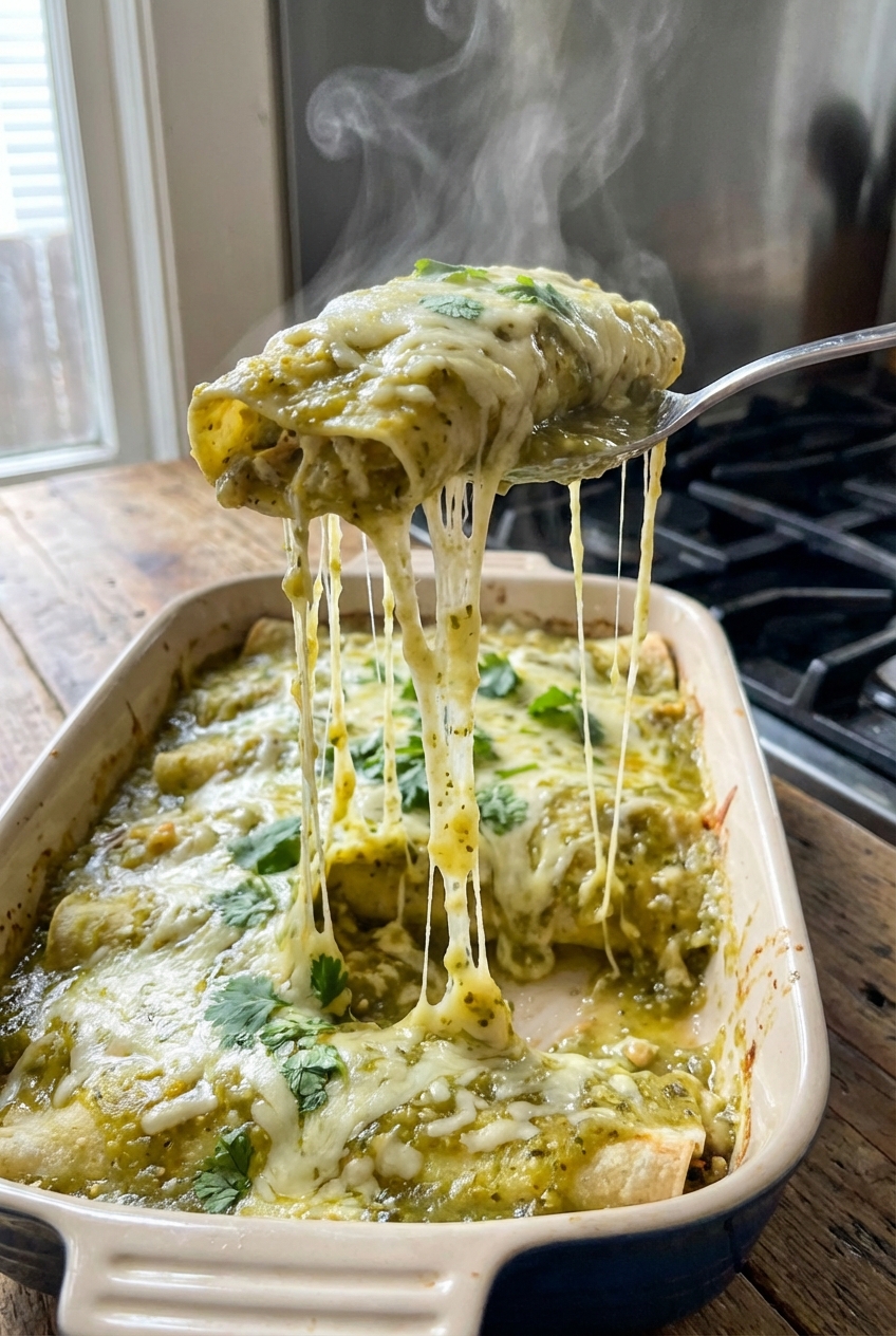 A spoon lifting a cheesy green enchilada from the baking dish with sauce stretching and bubbling