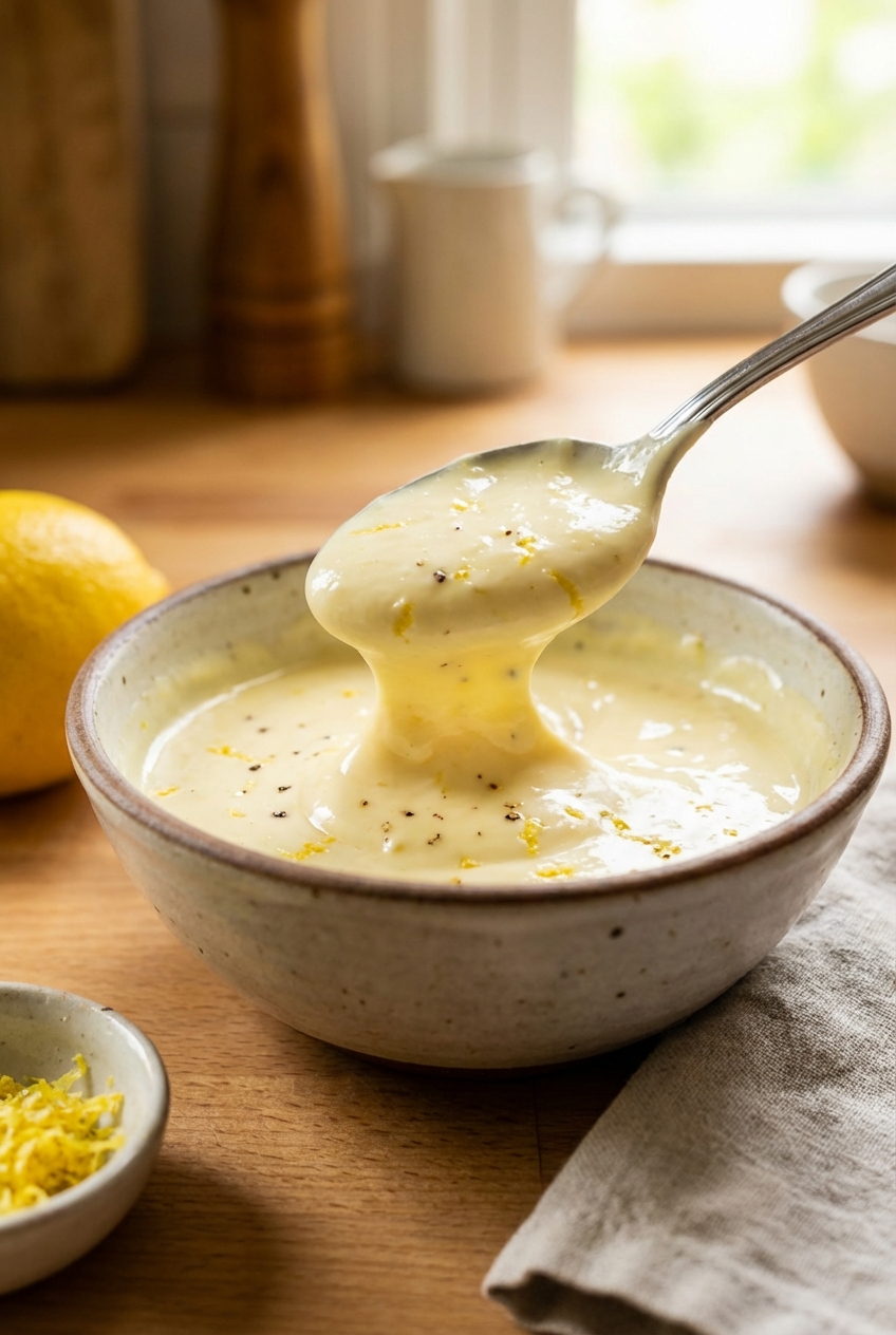 A spoon lifting a creamy citrus aioli from a bowl, showing the thick, glossy texture