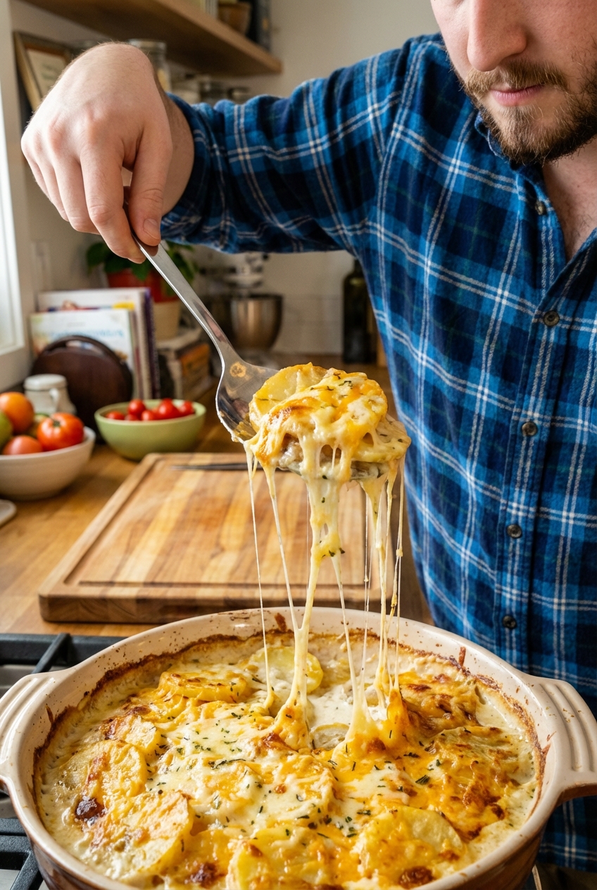 A spoon lifting a creamy portion of au gratin potatoes from a casserole dish with cheese stretching