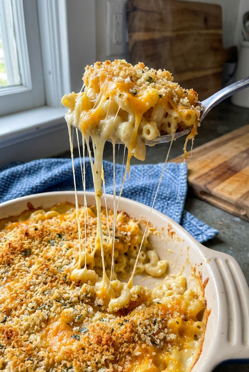 A spoon lifting a creamy portion of baked mac and cheese showing stretchy melted cheese and browned topping