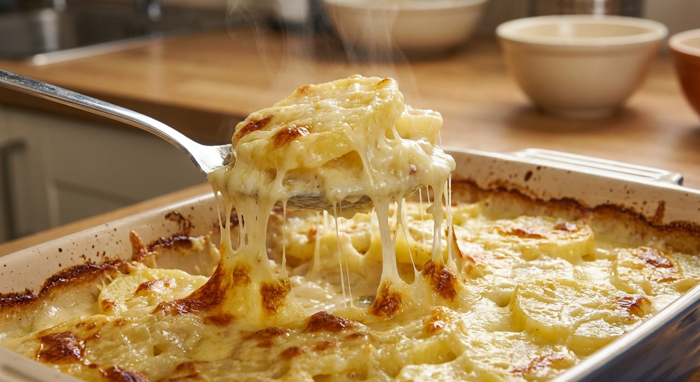 A spoon lifting a creamy portion of cheesy potatoes from a baking dish with stretchy cheese and browned edges