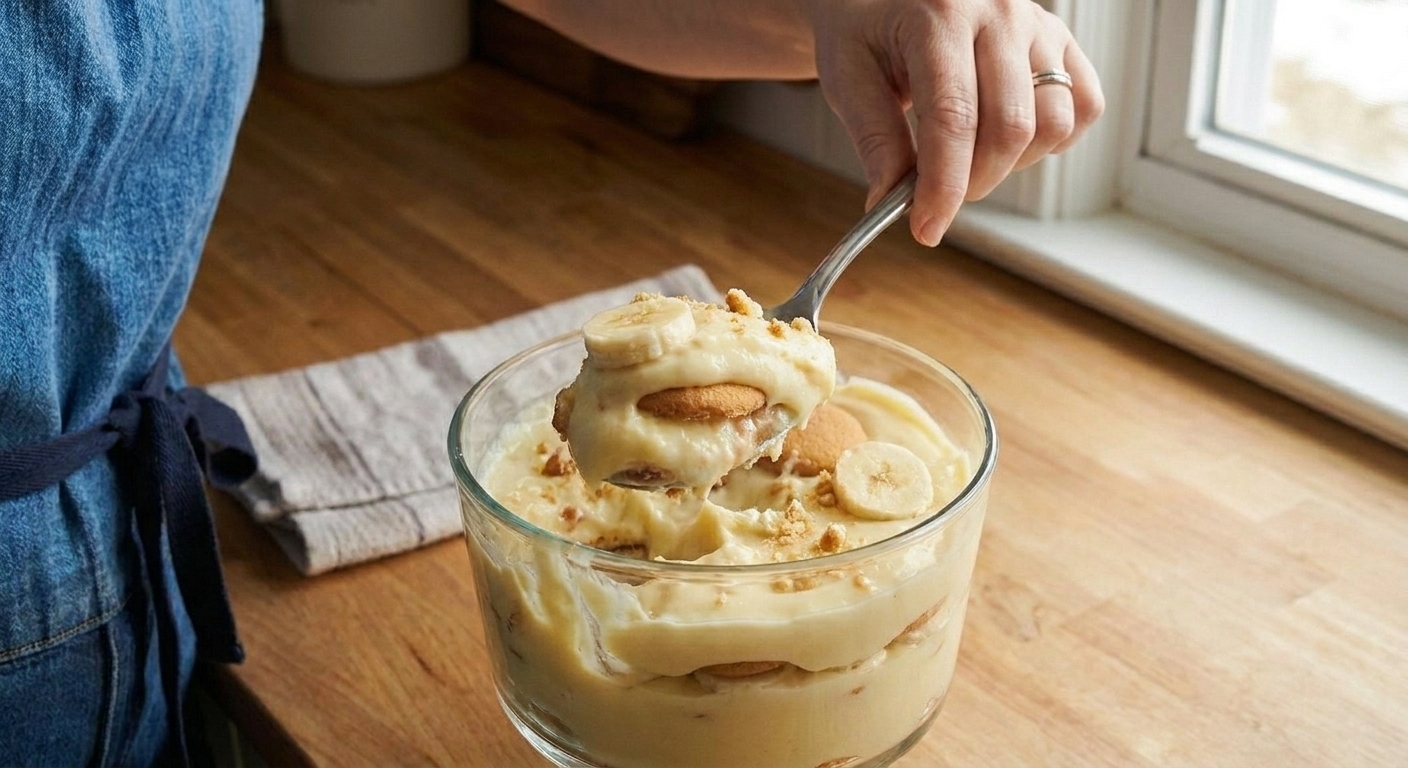 A spoon lifting a creamy scoop of banana pudding with a softened vanilla wafer and banana slice