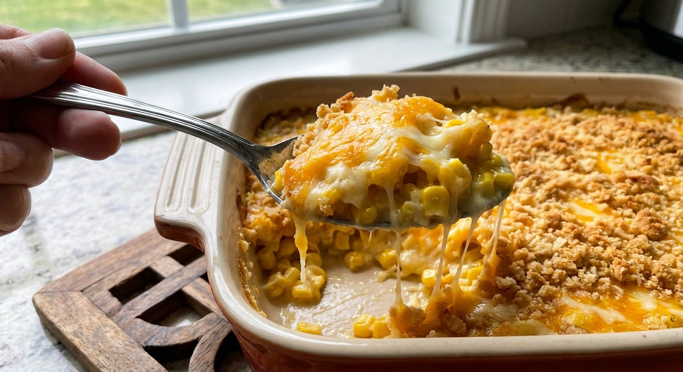 A spoon lifting a creamy scoop of cheesy scalloped corn casserole showing tender corn kernels and melted cheese, with a browned cracker topping in the background, close-up food photography