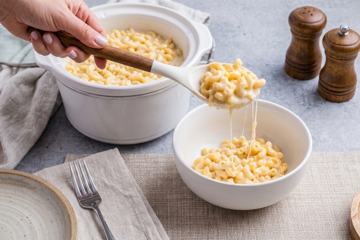 A spoon lifting a creamy scoop of mac and cheese from a slow cooker into a bowl on a dining table with simple place settings