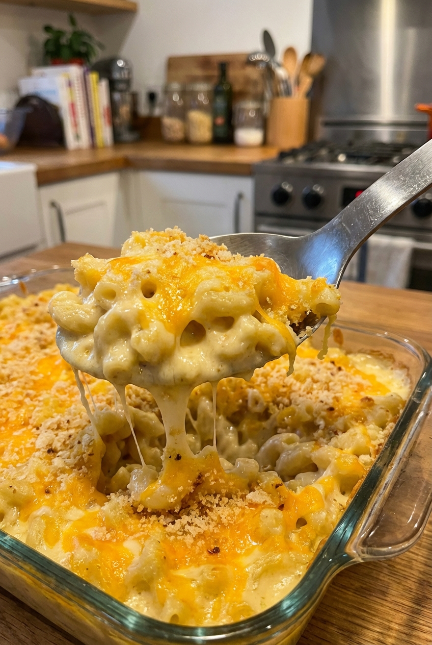 A spoon lifting a creamy scoop of macaroni and cheese from a baking dish
