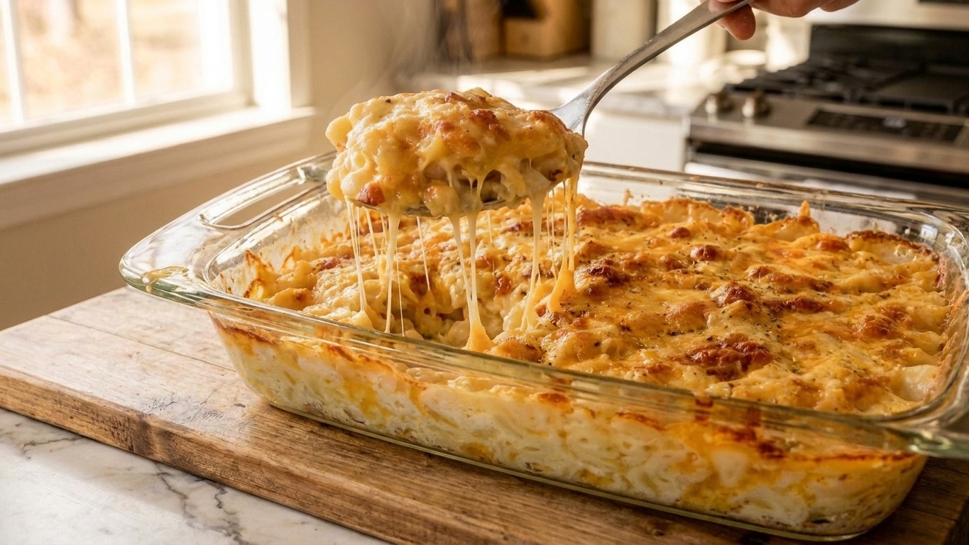 A spoon lifting a creamy serving of Southern baked mac and cheese from a casserole dish, with stretchy melted cheese and a browned top