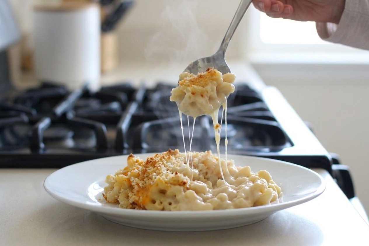 A spoon lifting a creamy serving of baked mac and cheese from a plate, showing melted cheese and a toasted crumb topping