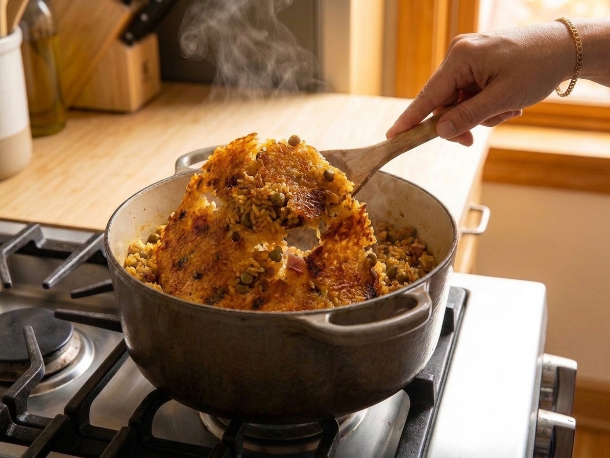 A spoon lifting a crisp golden-brown layer of pegao from the bottom of a pot of arroz con gandules