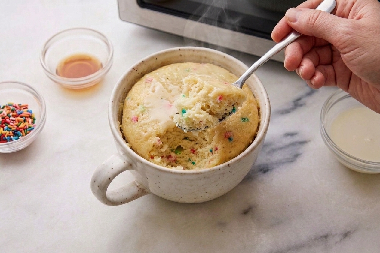 A spoon lifting a fluffy bite of vanilla mug cake from a mug, showing a soft crumb and lightly glossy top