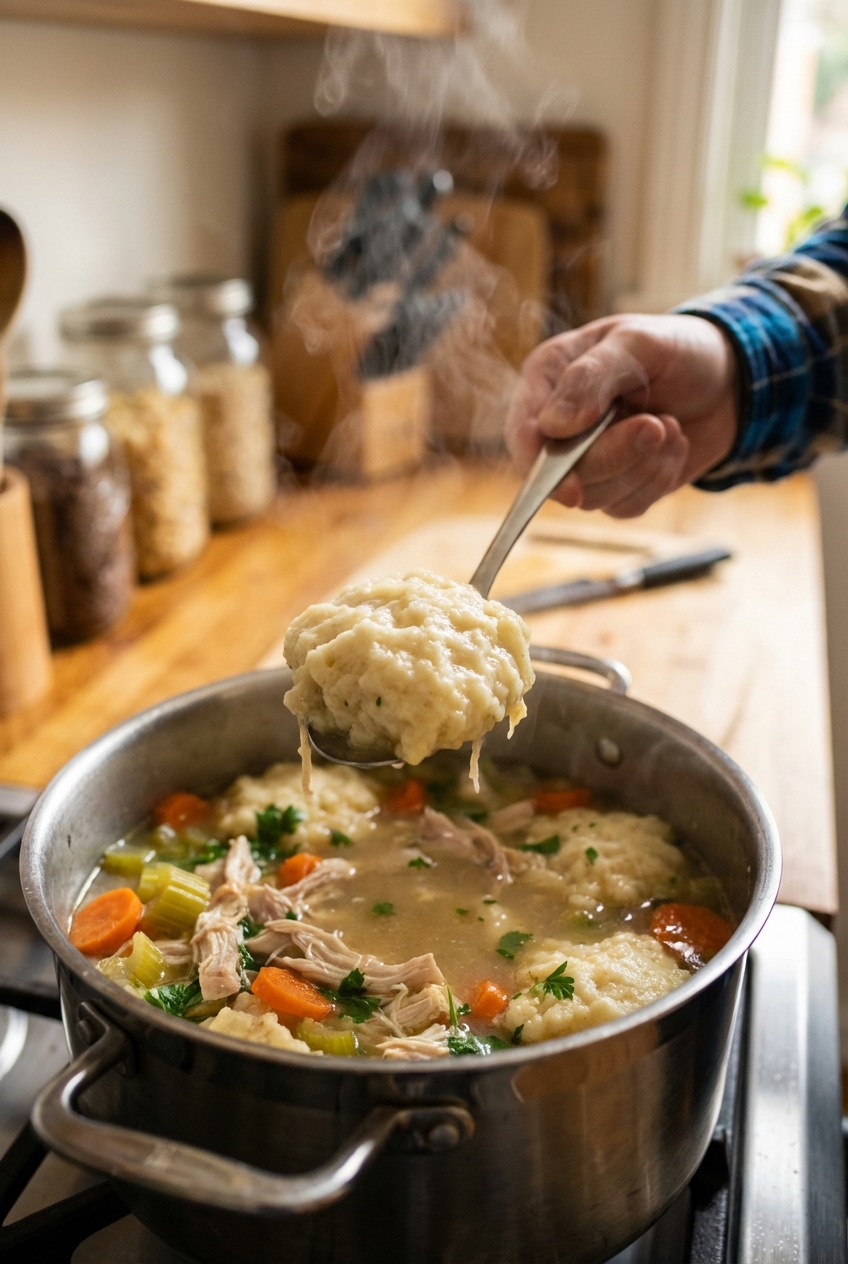 A spoon lifting a fluffy dumpling from a pot of chicken soup