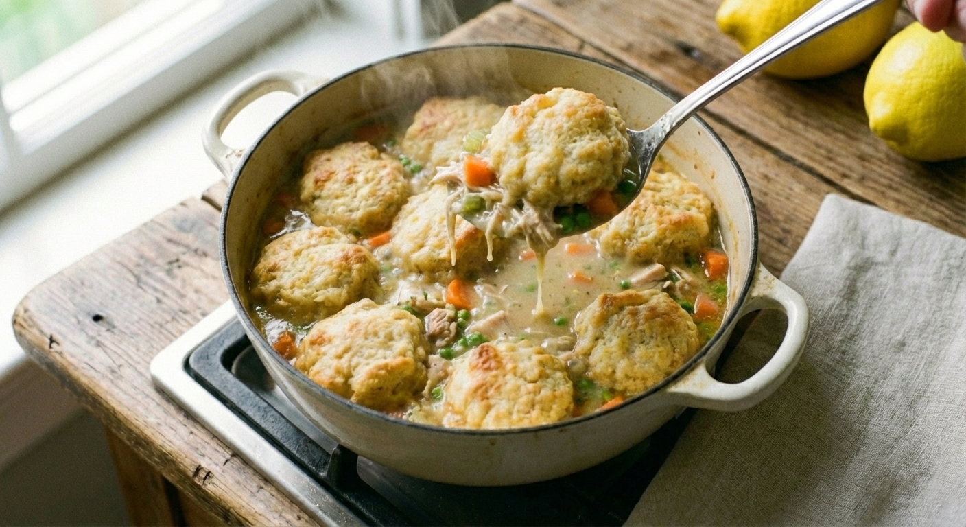 A spoon lifting a fluffy dumpling with shredded chicken and creamy broth dripping back into the pot