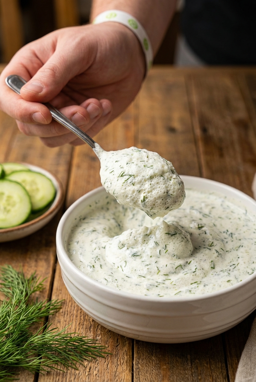 A spoon lifting a fluffy scoop of dill dip from a bowl, showing its airy texture