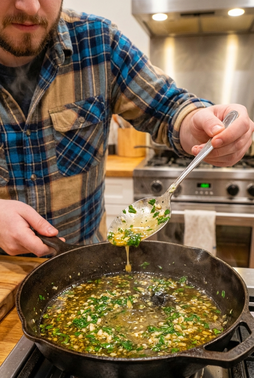 A spoon lifting a glossy lemon herb pan sauce with visible chopped parsley and garlic from a skillet