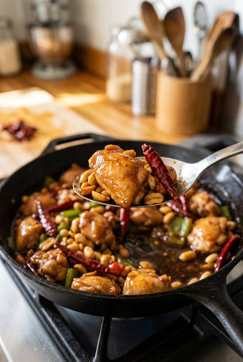 A spoon lifting a glossy piece of kung pao chicken from the skillet with peanuts and peppers