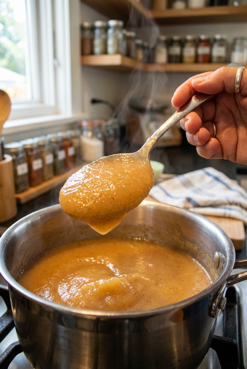 A spoon lifting a glossy scoop of smooth savory applesauce from a saucepan
