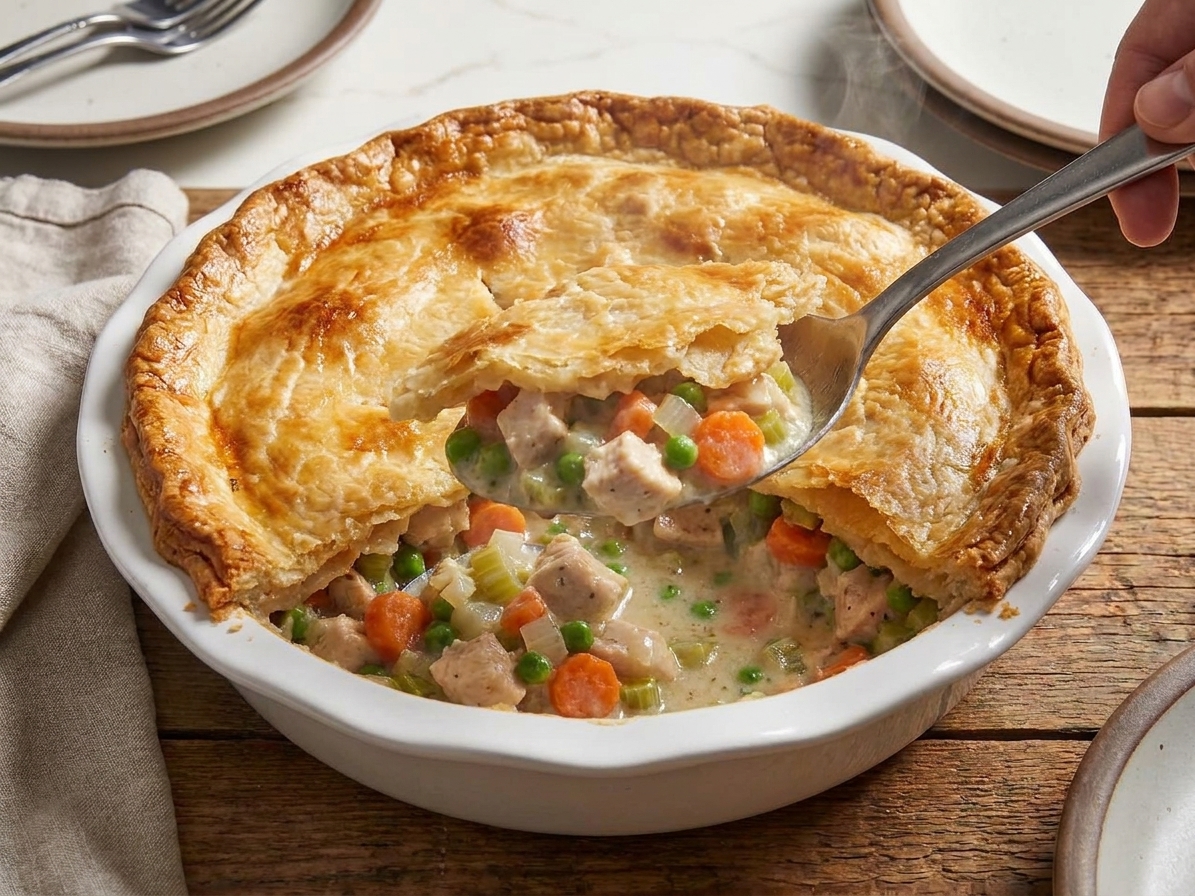 A spoon lifting a hot serving of chicken pot pie casserole from a baking dish, showing creamy sauce with chicken, peas, and carrots under flaky crust