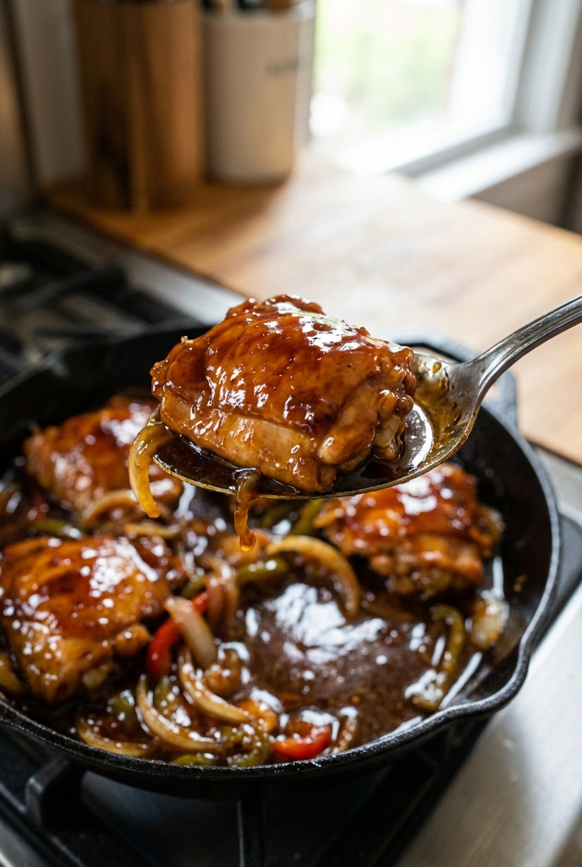 A spoon lifting a piece of bourbon chicken from a skillet, showing thick glossy sauce clinging to the chicken