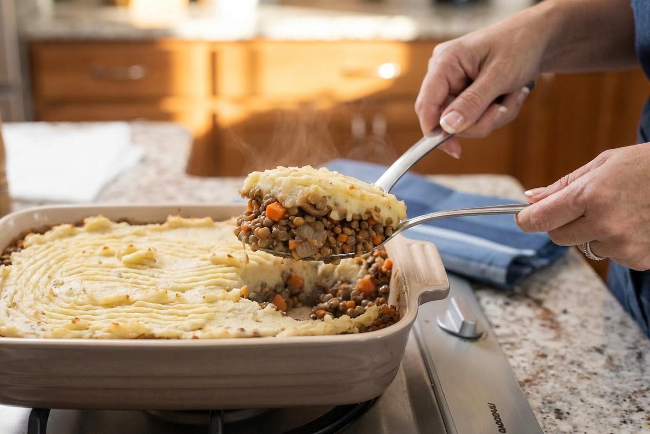 A spoon lifting a portion of vegan shepherd's pie showing lentil vegetable filling under fluffy golden mashed potatoes in a warm home kitchen