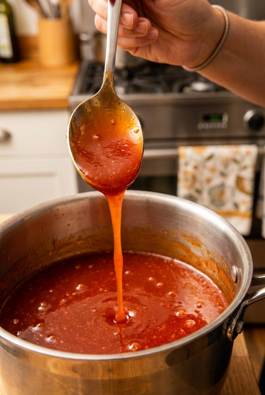 A spoon lifting a ribbon of glossy sweet and sour sauce above a saucepan to show the thick, shiny texture