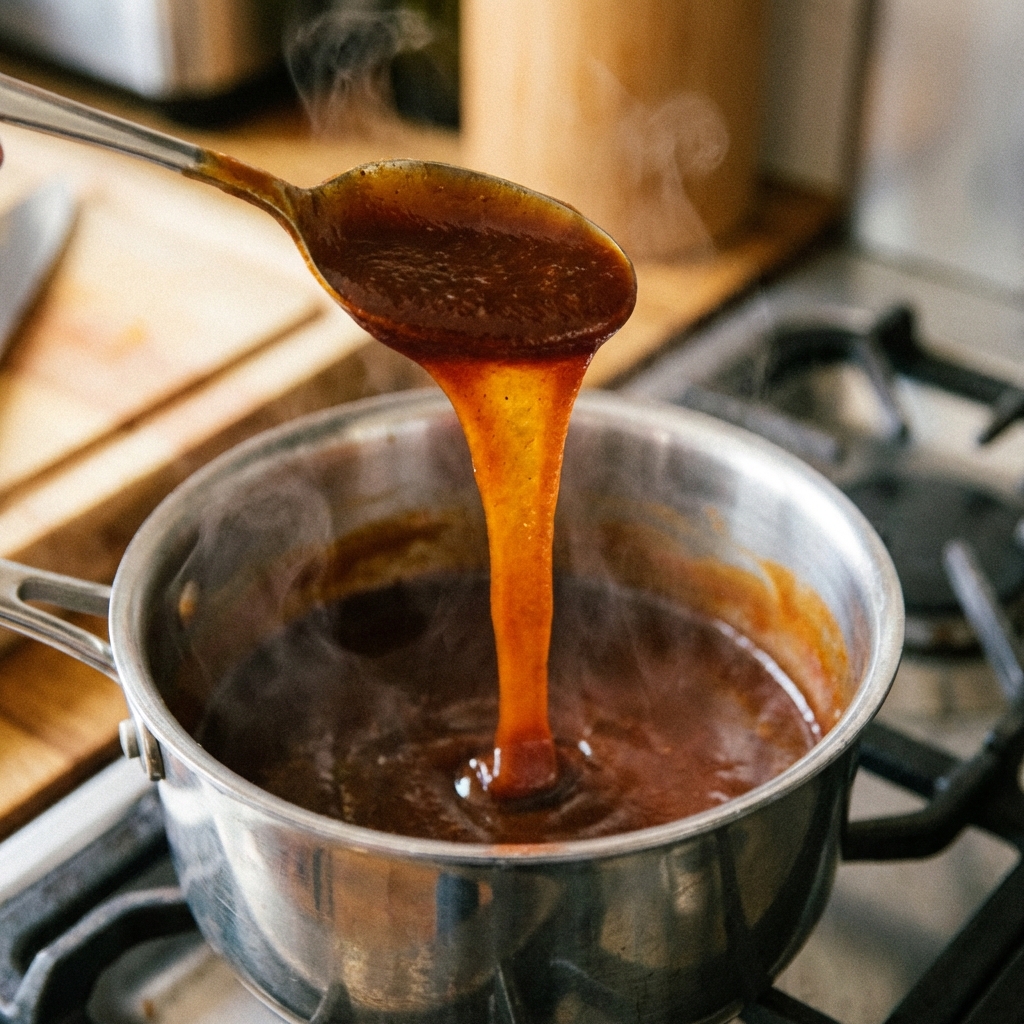A spoon lifting a ribbon of light barbecue sauce from a saucepan with steam rising