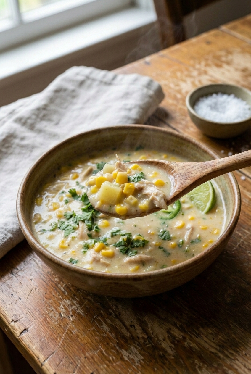 A spoon lifting a scoop of chicken corn chowder showing corn kernels, diced potatoes, and pieces of chicken in a creamy broth
