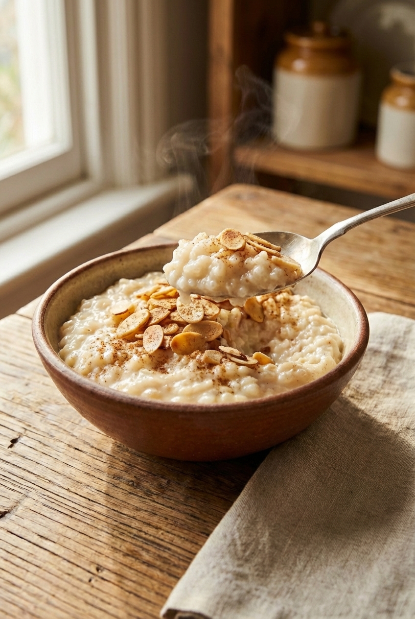 A spoon lifting a scoop of creamy rice pudding with toasted nuts from a bowl