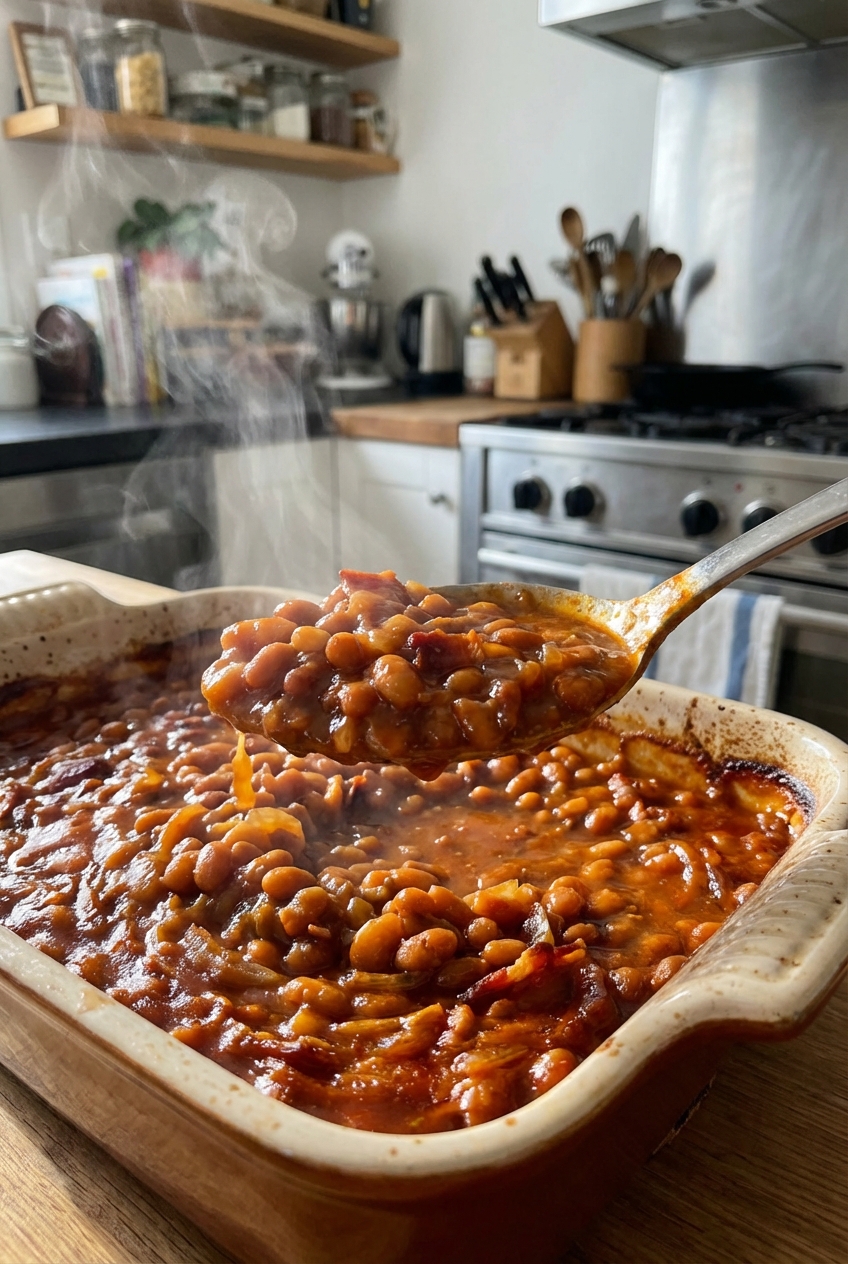A spoon lifting a scoop of saucy baked beans from a baking dish with steam rising