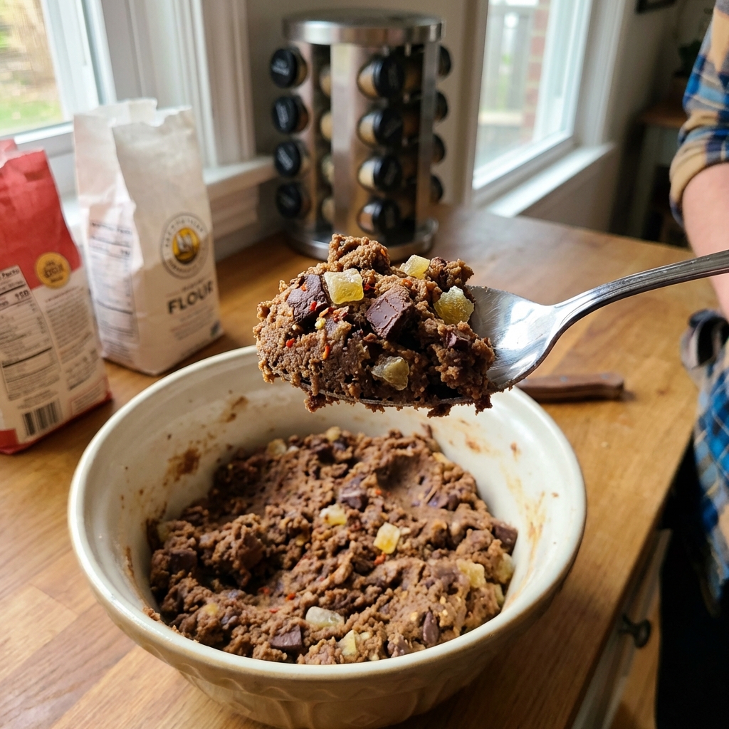 A spoon lifting a scoop of sweet and spicy cookie dough from a mixing bowl in a home kitchen