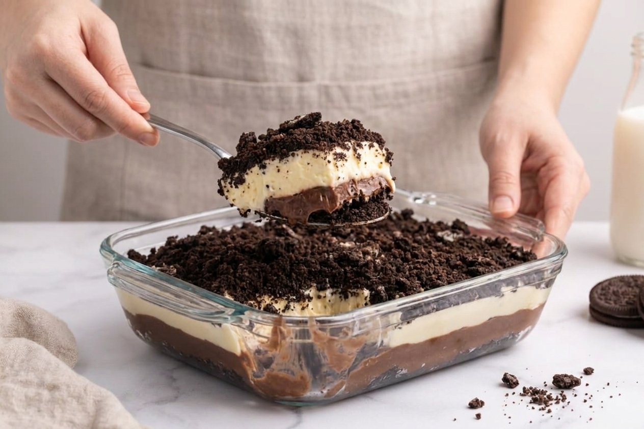A spoon lifting a serving of Oreo dirt cake from a glass dish, showing creamy chocolate layers and Oreo crumb topping