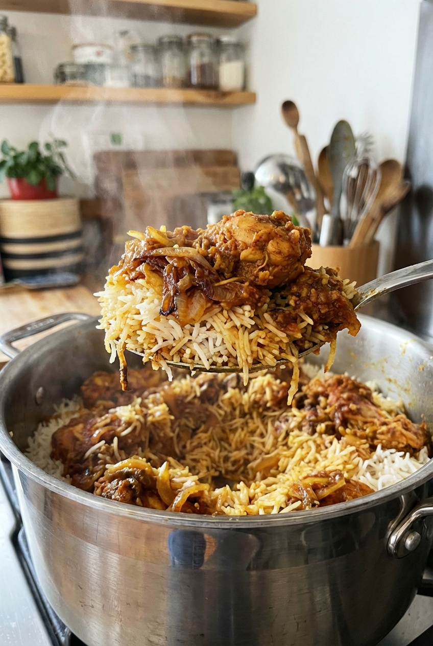 A spoon lifting a serving of chicken biryani from a pot showing layered rice and chicken masala