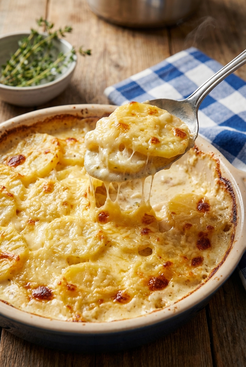 A spoon lifting a serving of creamy au gratin potatoes from a golden, bubbly casserole dish