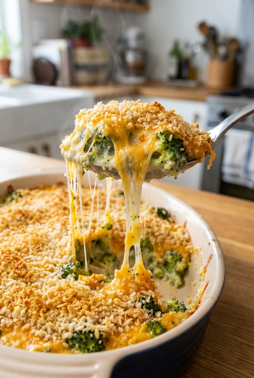 A spoon lifting a serving of creamy broccoli casserole with melted cheese pull and crisp panko crumbs on top