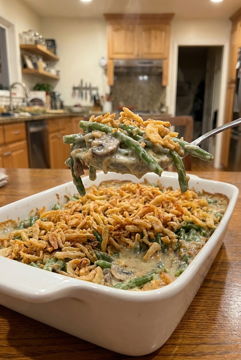 A spoon lifting a serving of creamy green bean casserole with mushrooms and crispy onions from the baking dish