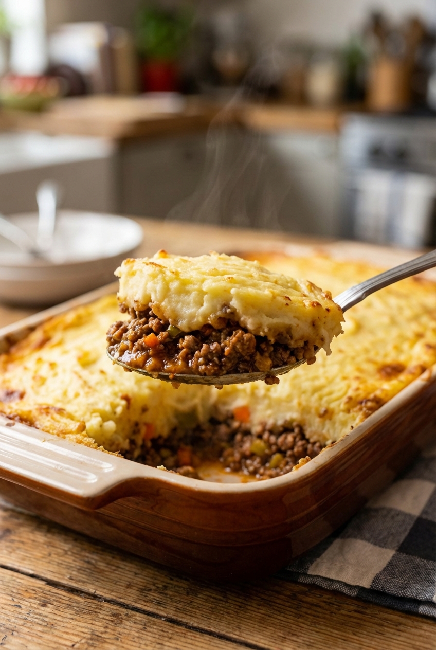 A spoon lifting a serving of shepherd’s pie showing the layered meat filling and creamy mashed potato topping