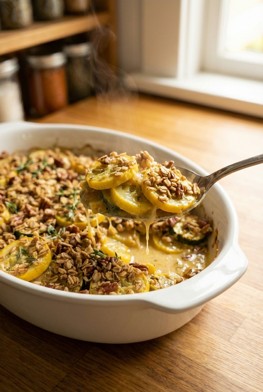A spoon lifting a serving of squash casserole showing creamy filling and crunchy oat topping