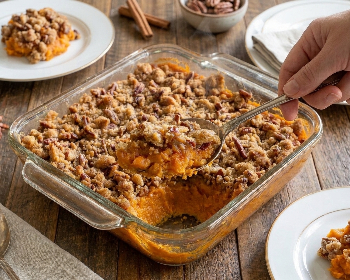 A spoon lifting a serving of sweet potato casserole from a baking dish, showing creamy filling under a crunchy pecan topping